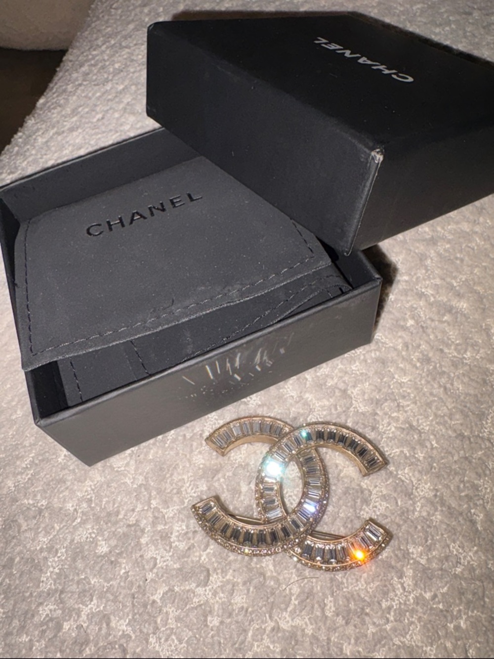 CHANEL Gold Crystal CC Logo Brooch with Clear Stones